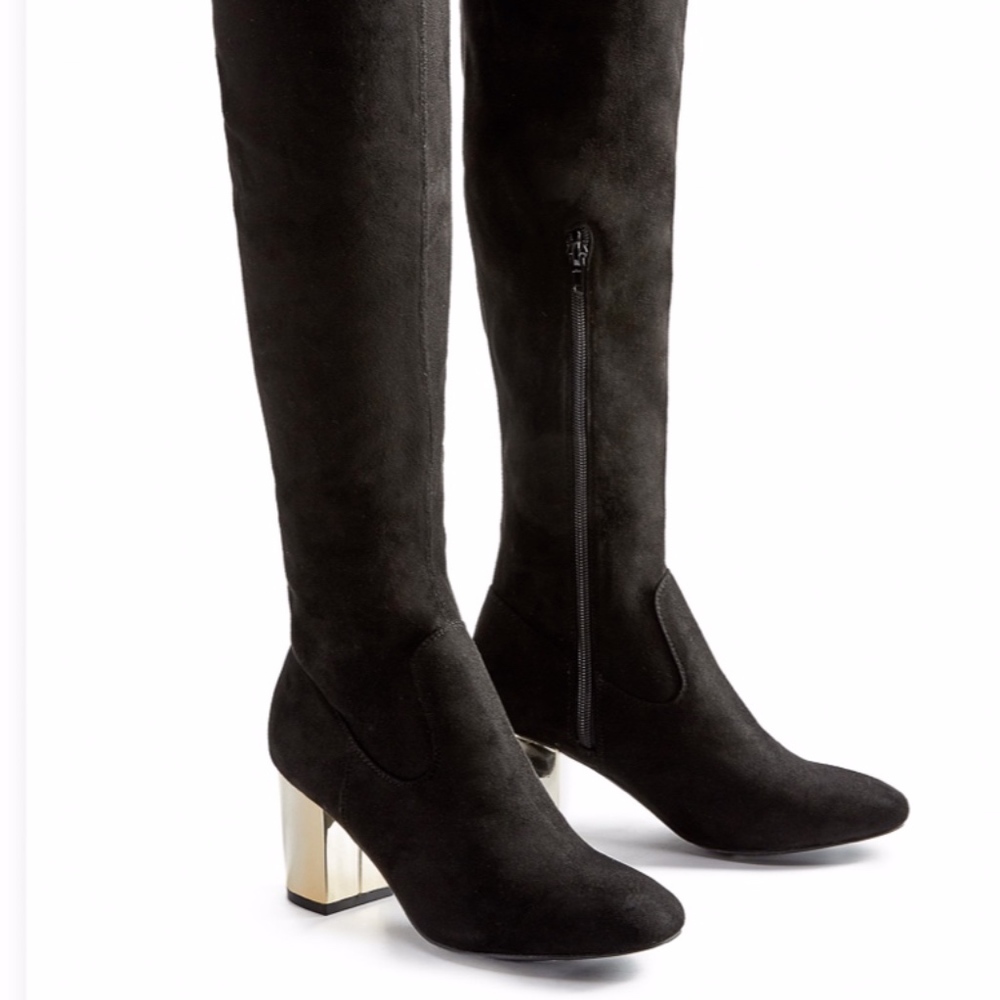 Over the knee suede boot with gold heel